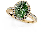 Accent Halo Engagement Ring Setting for Fancy Green Oval Center with Full-Length Pave Band and Prong Head in Yellow Gold