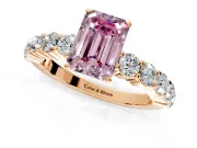 Shared-Prong Engagement Ring Setting for Fancy Pink Emerald Cut Center with Graduated Accents and Prong Head in Rose Gold