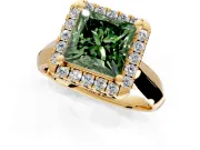 Halo Engagement Ring Setting for Fancy Green Princess Cut Center with Square Band and Prong Head in Yellow Gold