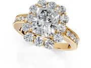 Halo Engagement Ring Setting for Radiant Cut Center with Milgrain Channel Band and Prong Head in Yellow Gold