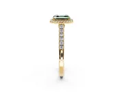 Halo Engagement Ring Setting for Fancy Green Asscher Cut Center with Narrowing Pave Band and Prong Head in Yellow Gold