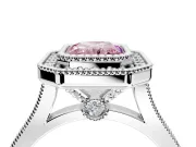 Halo Engagement Ring Setting for Fancy Pink Radiant Cut Center with Milgrain Frame, Pave Band and Prong Head in White Gold