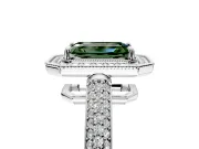 Milgrain Halo Engagement Ring Setting for Fancy Green Emerald Cut Center with Three-Sided Pave Band and Prong Head in Platinum