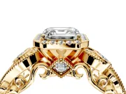 Milgrain Halo Engagement Ring Setting for Asscher Cut Center with Shoulder Bezels and Prong Head in Yellow Gold