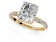Hidden Halo Engagement Ring Setting for Radiant Cut Center with Pave Band and Prong Head in Yellow Gold
