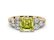 Cluster Engagement Ring Setting for Fancy Yellow Asscher Cut Center with Round Cut Accent Frame and Prong Head in Yellow Gold