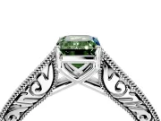 Solitaire Engagement Ring Setting for Fancy Green Emerald Cut Center with Engraved Pave Band and Prong Head in White Gold