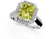 Halo Engagement Ring Setting for Fancy Yellow Radiant Cut Center with Square Band and Prong Head in Platinum