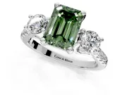 3 Stone Engagement Ring Setting for Fancy Green Emerald Cut Center with Crossover Basket, Pave Band and Prong Head in Platinum