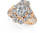 Large Accent Halo Engagement Ring Setting for Pear-Shaped Center with Pave Split Shank and Prong Head in Rose Gold