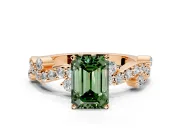 Solitaire Engagement Ring Setting for Fancy Green Emerald Cut Center with Bar-Station Pave Twist and Prong Head in Rose Gold