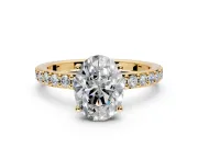 Solitaire Engagement Ring Setting for Oval Center with Round Cut Pave Band and Prong Head in Yellow Gold