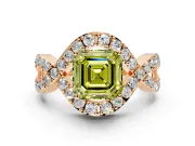 Halo Engagement Ring Setting for Fancy Yellow Asscher Cut Center with Pave Infinity Twist Band and Prong Head in Rose Gold