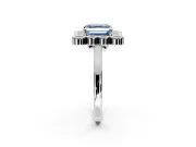 Cluster Halo Engagement Ring Setting for Fancy Blue Asscher Cut Center with Milgrain Bezel Accents and Prong Head in Sterling Silver