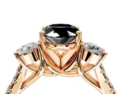 3 Stone Engagement Ring Setting for Fancy Black Oval Center with Crossover Basket, Pave Band and Prong Head in Rose Gold