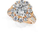 Large Accent Halo Engagement Ring Setting for Radiant Cut Center with Pave Split Shank and Prong Head in Rose Gold