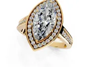 Halo Engagement Ring Setting for Marquise Center with Outer Bezel Rim, Pave Band and Prong Head in Yellow Gold