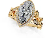 Halo Engagement Ring Setting for Marquise Center with Leaf Motif Split Shank and Prong Head in Yellow Gold