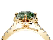 Floral Engagement Ring Setting for Fancy Green Cushion Cut Center with Pave Band and Floral Prong Head in Yellow Gold