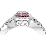 Halo Engagement Ring Setting for Fancy Pink Emerald Cut Center with Wide-Open Pave Split Shank and Prong Head in Platinum