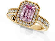 Milgrain Halo Engagement Ring Setting for Fancy Pink Emerald Cut Center with Wide Pave Band and Prong Head in Yellow Gold