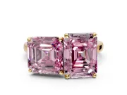 Fancy Pink Asscher Cut and Emerald Cut Lab-Grown Diamond Toi et Moi Engagement Ring with Prong-Set Stones in Yellow Gold