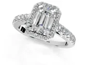 Halo Engagement Ring Setting for Emerald Cut Center with Full Pave Band and Prong Head in White Gold