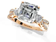 3 Stone Engagement Ring Setting for Asscher Cut Center with Pave Split Shank and Prong Head in Rose Gold