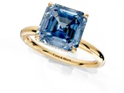 Hidden Halo Engagement Ring Setting for Fancy Blue Asscher Cut Center with Thin Rounded Band and Prong Head in Yellow Gold