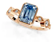 Vintage Station Engagement Ring Setting for Fancy Blue Emerald Cut Center with Accents and Prong Head in Rose Gold