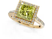 Halo Engagement Ring Setting for Fancy Yellow Princess Cut Center with Pave Accents, Heart Basket and Prong Head in Yellow Gold