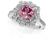 Milgrain Halo Engagement Ring Setting for Fancy Pink Cushion Cut Center with Bezel Point Accents and Prong Head in Platinum
