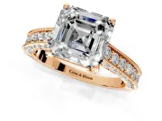 Solitaire Engagement Ring Setting for Asscher Cut Center with Milgrain-Framed Pave Band and Prong Head in Rose Gold