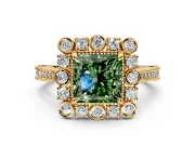 Milgrain Halo Engagement Ring Setting for Fancy Green Princess Cut Center with Bezel Point Accents and Prong Head in Yellow Gold
