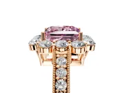 Halo Engagement Ring Setting for Fancy Pink Princess Cut Center with Milgrain Channel Band and Prong Head in Rose Gold