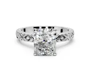 Solitaire Engagement Ring Setting for Radiant Cut Center with Milgrain X Pattern Band and Prong Head in White Gold