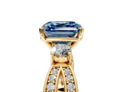 3 Stone Engagement Ring Setting for Fancy Blue Asscher Cut Center with Pave Twist Band and Prong Head in Yellow Gold