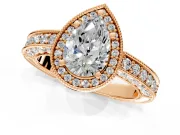 Milgrain Halo Engagement Ring Setting for Pear-Shaped Center with Wide Pave Band and Prong Head in Rose Gold