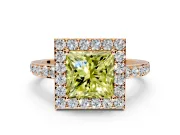 Halo Engagement Ring Setting for Fancy Yellow Princess Cut Center with Heart-Shaped Openwork, Pave Band and Prong Head in Rose Gold