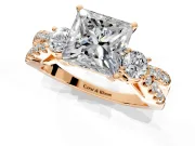 3 Stone Engagement Ring Setting for Princess Cut Center with Pave Split Shank and Prong Head in Rose Gold
