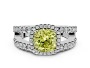 Halo Engagement Ring Setting for Fancy Yellow Cushion Cut Center with Wide-Open Pave Split Shank and Prong Head in Platinum