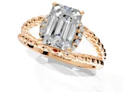 Halo Engagement Ring Setting for Emerald Cut Center with Rope Twist Split Shank and Prong Head in Rose Gold