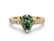Solitaire Engagement Ring Setting for Fancy Green Pear-Shaped Center with Milgrain-Edged Pave Band and Prong Head in Yellow Gold
