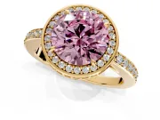 Halo Engagement Ring Setting for Fancy Pink Round Cut Center with Metal-Rimmed Halo, Pave Band and Prong Head in Yellow Gold
