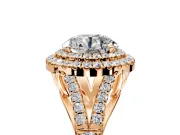 Double Halo Engagement Ring Setting for Round Cut Center with Narrow Pave Split Shank and Prong Head in Rose Gold