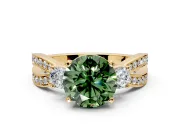 3 Stone Engagement Ring Setting for Fancy Green Round Cut Center with Pave Twist Band and Prong Head in Yellow Gold