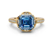 Floral Engagement Ring Setting for Fancy Blue Asscher Cut Center with Four Accent Clusters and Prong Head in Yellow Gold