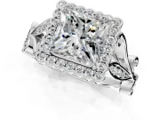 Halo Engagement Ring Setting for Princess Cut Center with Leaf Motif Split Shank and Prong Head in Platinum