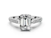 Cathedral Engagement Ring Setting for Emerald Cut Center with Antique-Style Pave Band and Prong Head in Platinum