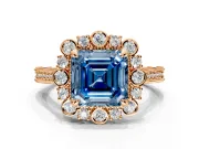 Milgrain Halo Engagement Ring Setting for Fancy Blue Asscher Cut Center with Bezel Point Accents and Prong Head in Rose Gold